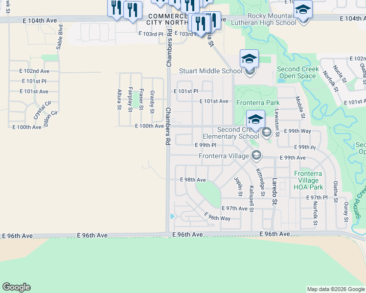 map of restaurants, bars, coffee shops, grocery stores, and more near 15368 East 99th Way in Commerce City