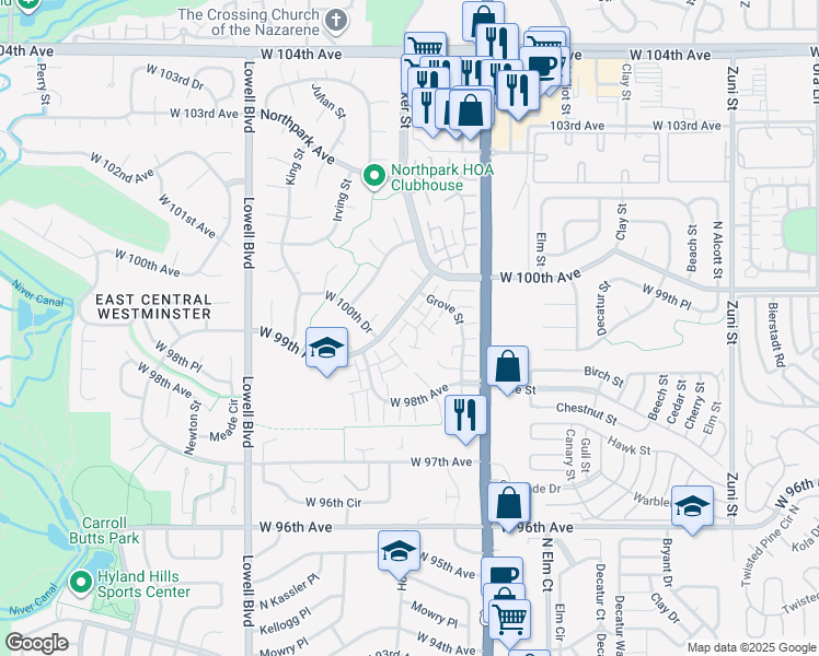 map of restaurants, bars, coffee shops, grocery stores, and more near 9913 Grove Place in Westminster