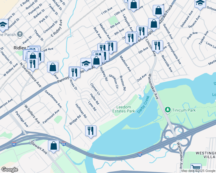 map of restaurants, bars, coffee shops, grocery stores, and more near 212 Rodney Road in Ridley Park