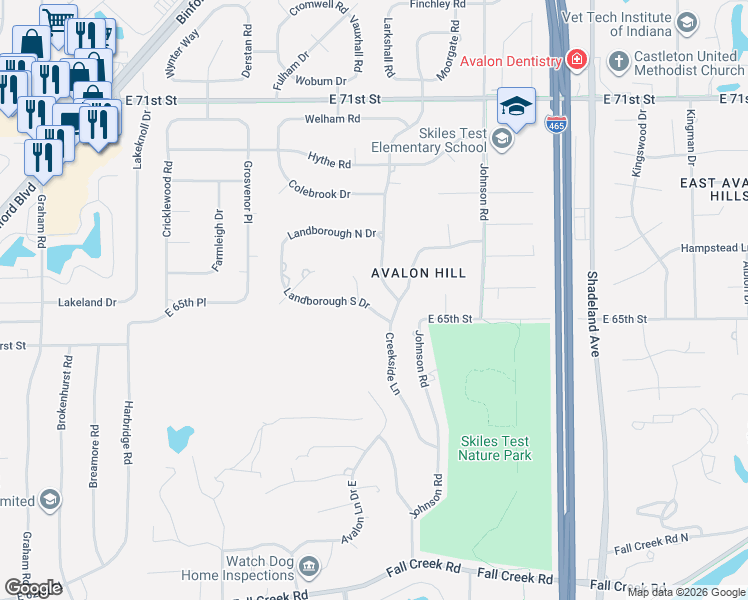 map of restaurants, bars, coffee shops, grocery stores, and more near 6510 Lowanna Way in Indianapolis