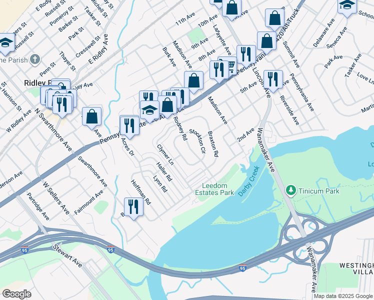 map of restaurants, bars, coffee shops, grocery stores, and more near 212 Rodney Road in Ridley Park