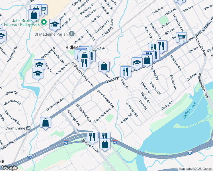 map of restaurants, bars, coffee shops, grocery stores, and more near 214 East Chester Pike in Ridley Park