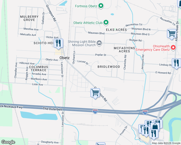 map of restaurants, bars, coffee shops, grocery stores, and more near 4394 Thelma Drive in Columbus