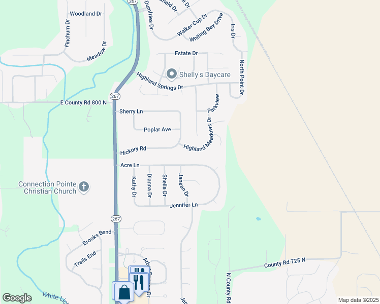 map of restaurants, bars, coffee shops, grocery stores, and more near 7815 Hickory Road in Brownsburg