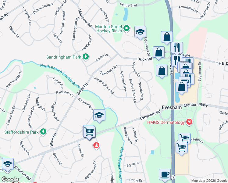 map of restaurants, bars, coffee shops, grocery stores, and more near 215 Monterey Avenue in Cherry Hill
