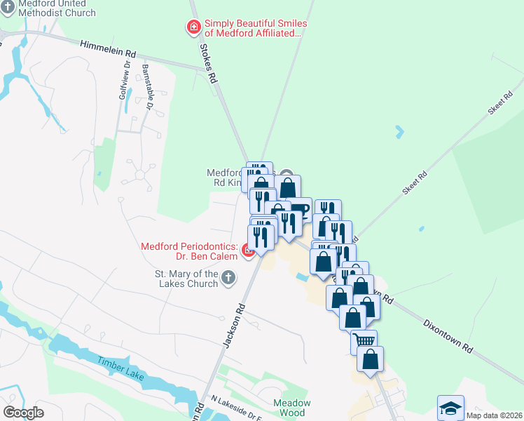 map of restaurants, bars, coffee shops, grocery stores, and more near 408 County Road 541 in Medford