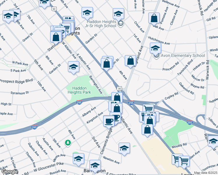map of restaurants, bars, coffee shops, grocery stores, and more near in Haddon Heights