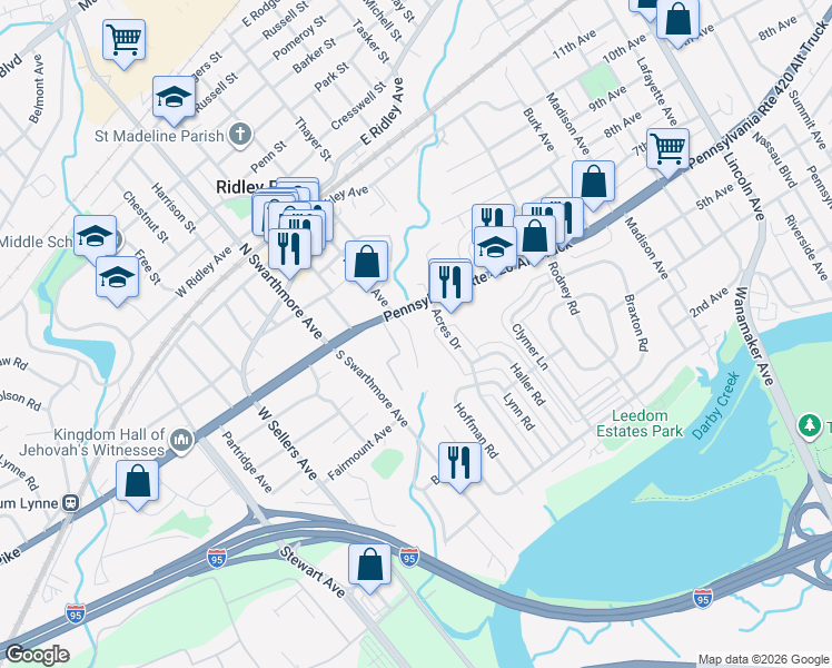 map of restaurants, bars, coffee shops, grocery stores, and more near 1 Stoneybrook Lane in Ridley Park