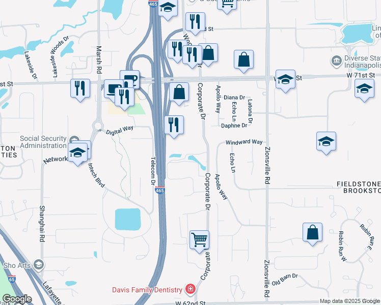 map of restaurants, bars, coffee shops, grocery stores, and more near 6026 Lakeside Boulevard in Indianapolis