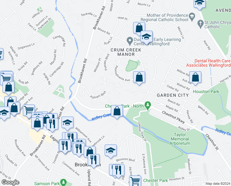map of restaurants, bars, coffee shops, grocery stores, and more near 403 Saybrook Lane in Nether Providence Township
