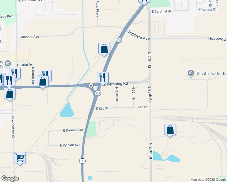 map of restaurants, bars, coffee shops, grocery stores, and more near 2201-2499 E Pershing Rd in Decatur