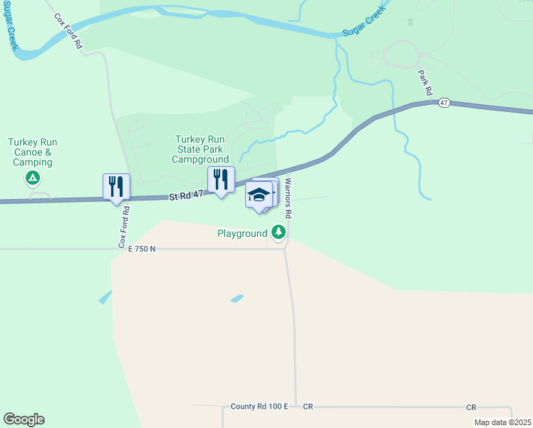 map of restaurants, bars, coffee shops, grocery stores, and more near 1551 Indiana 47 in Marshall