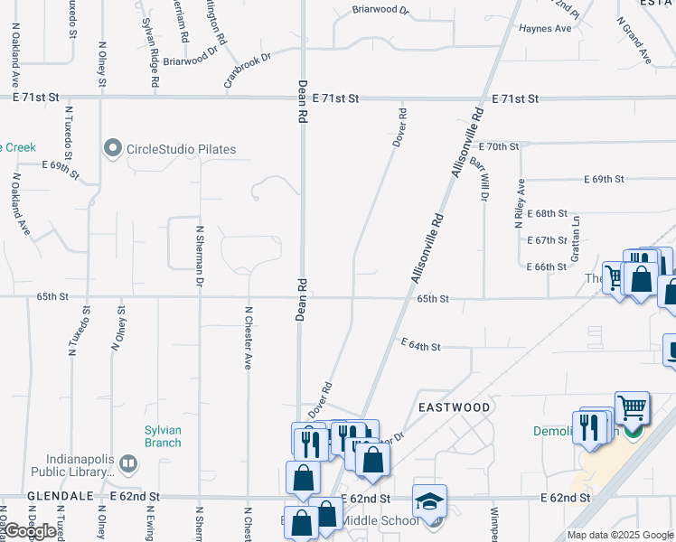 map of restaurants, bars, coffee shops, grocery stores, and more near 6524 Dover Road in Indianapolis