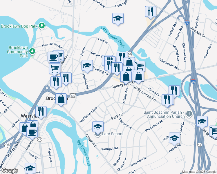 map of restaurants, bars, coffee shops, grocery stores, and more near 690 Crescent Boulevard in Brooklawn