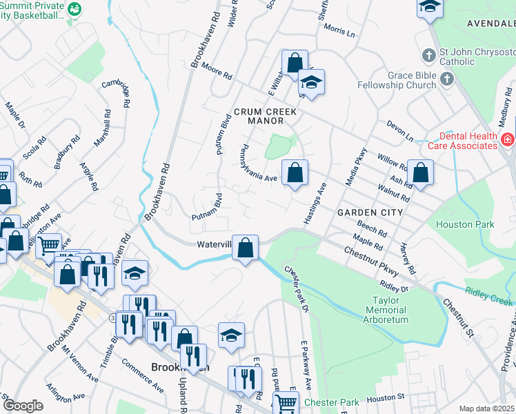 map of restaurants, bars, coffee shops, grocery stores, and more near 376 Saybrook Lane in Nether Providence Township