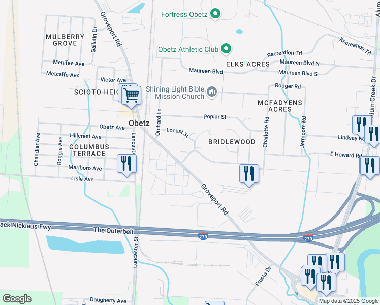 map of restaurants, bars, coffee shops, grocery stores, and more near 2219 Locust Street in Obetz