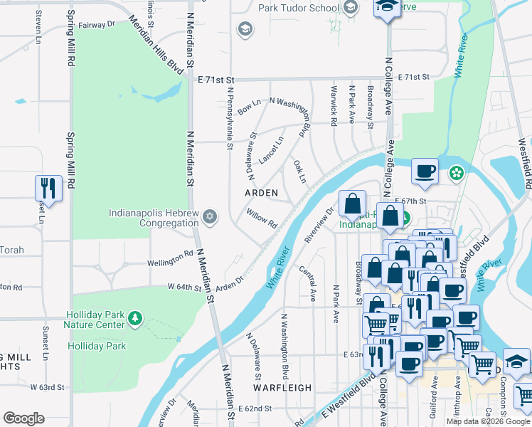 map of restaurants, bars, coffee shops, grocery stores, and more near 6861 Washington Boulevard West in Indianapolis