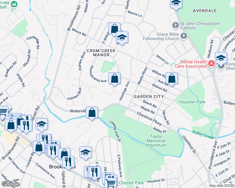 map of restaurants, bars, coffee shops, grocery stores, and more near 400 Beech Road in Nether Providence Township