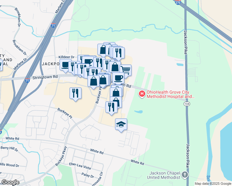 map of restaurants, bars, coffee shops, grocery stores, and more near 4144 Buckeye Parkway in Grove City