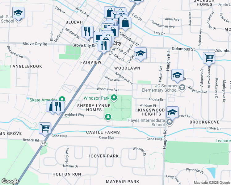 map of restaurants, bars, coffee shops, grocery stores, and more near 3346 Woodlawn Avenue in Grove City