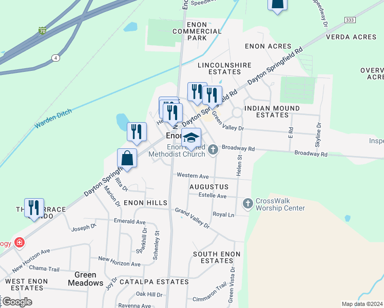 map of restaurants, bars, coffee shops, grocery stores, and more near 120 South Xenia Drive in Enon