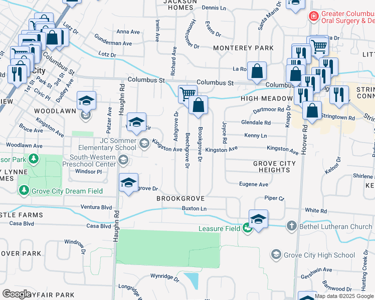 map of restaurants, bars, coffee shops, grocery stores, and more near 2861 Kingston Avenue in Grove City