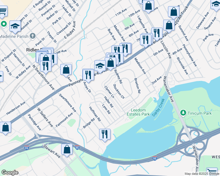 map of restaurants, bars, coffee shops, grocery stores, and more near 658 Clymer Lane in Ridley Park