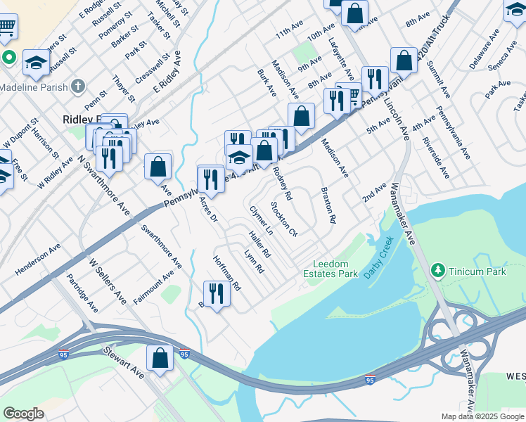map of restaurants, bars, coffee shops, grocery stores, and more near 658 Clymer Lane in Ridley Park