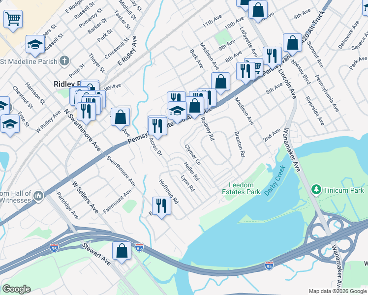 map of restaurants, bars, coffee shops, grocery stores, and more near 634 Clymer Lane in Ridley Park