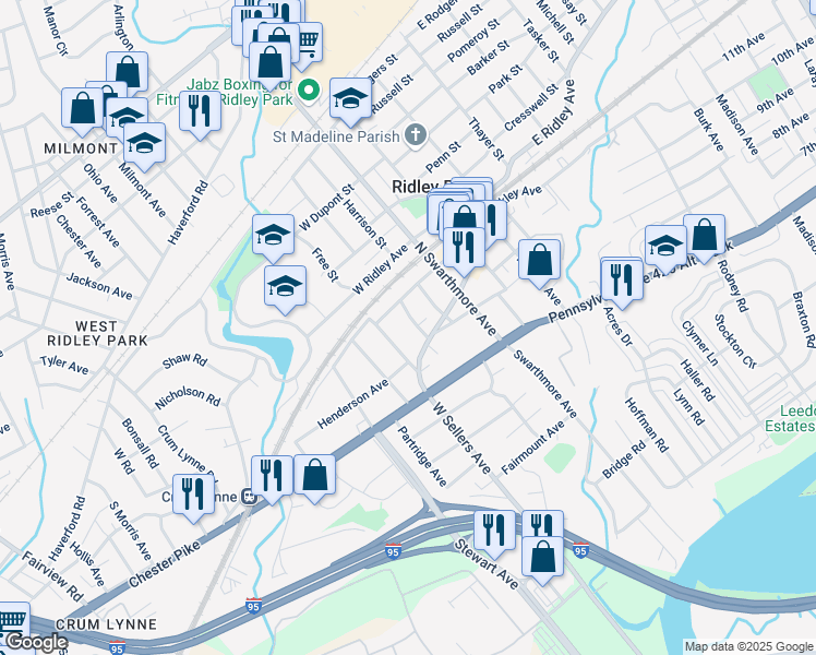 map of restaurants, bars, coffee shops, grocery stores, and more near 28 West Hinckley Avenue in Ridley Park