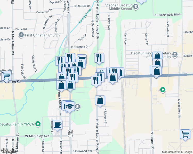 map of restaurants, bars, coffee shops, grocery stores, and more near 3000 North Martin Luther King Junior Drive in Decatur