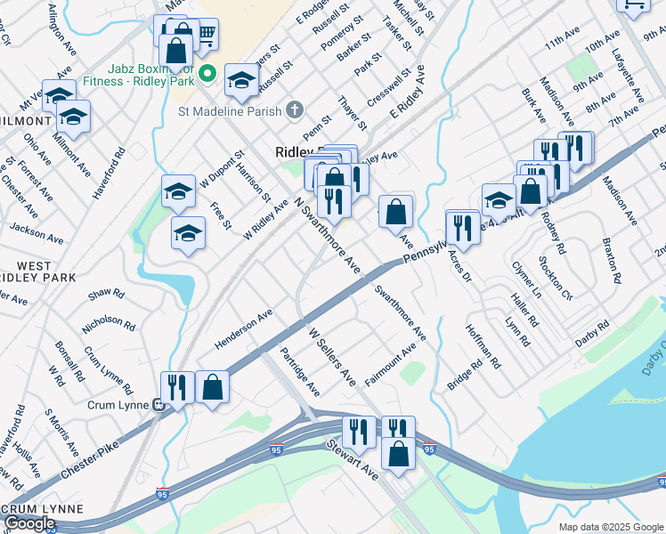 map of restaurants, bars, coffee shops, grocery stores, and more near 10 Felton Street in Ridley Park