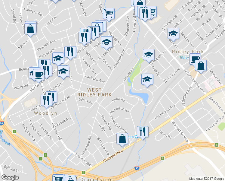 map of restaurants, bars, coffee shops, grocery stores, and more near 427 Hillside Road in Ridley Park