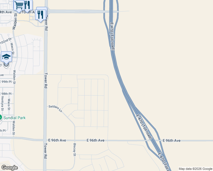 map of restaurants, bars, coffee shops, grocery stores, and more near E-470 in Commerce City