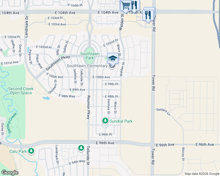 map of restaurants, bars, coffee shops, grocery stores, and more near 18029 East 99th Place in Commerce City