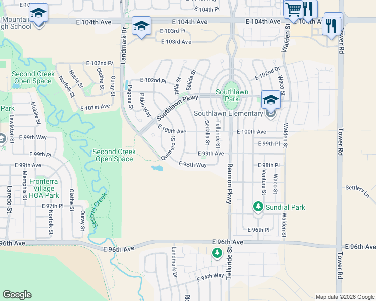 map of restaurants, bars, coffee shops, grocery stores, and more near 9949 Richfield Street in Commerce City