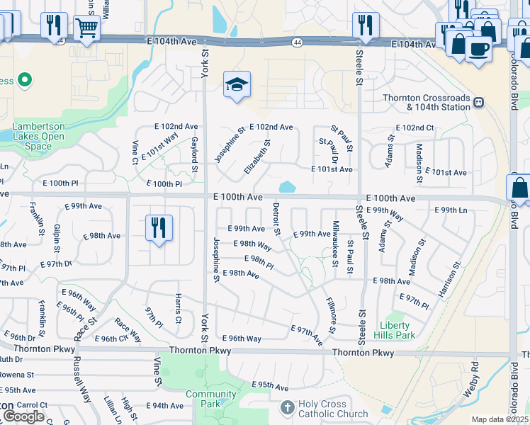 map of restaurants, bars, coffee shops, grocery stores, and more near 9999 Detroit Street in Thornton