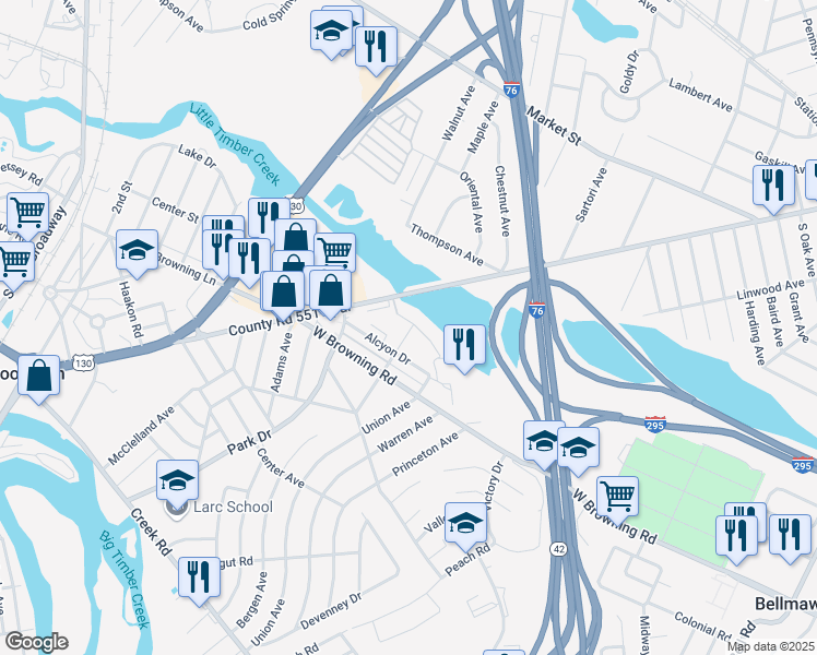 map of restaurants, bars, coffee shops, grocery stores, and more near 1020 Kings Highway in Bellmawr