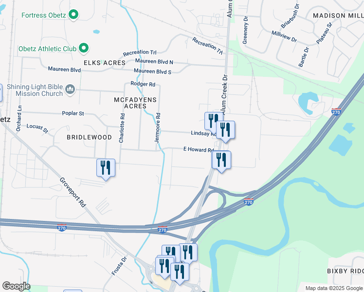map of restaurants, bars, coffee shops, grocery stores, and more near 2415 Lindsay Road in Obetz