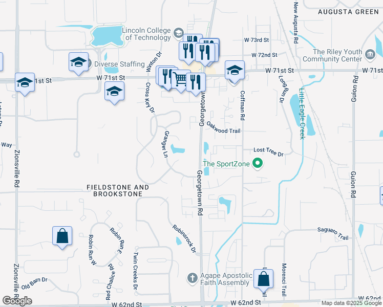 map of restaurants, bars, coffee shops, grocery stores, and more near 5007 Granger Court in Indianapolis