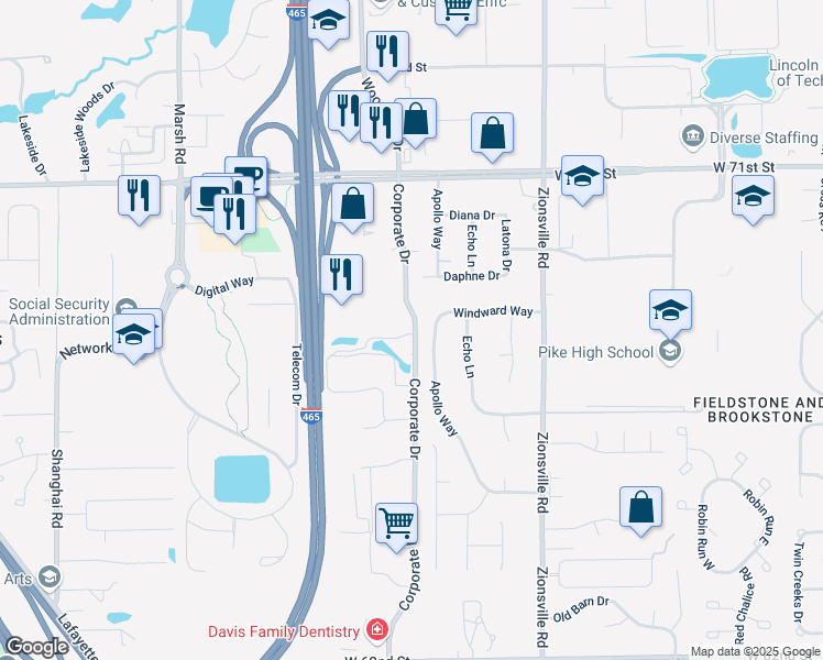 map of restaurants, bars, coffee shops, grocery stores, and more near 6700 Corporate Drive in Indianapolis