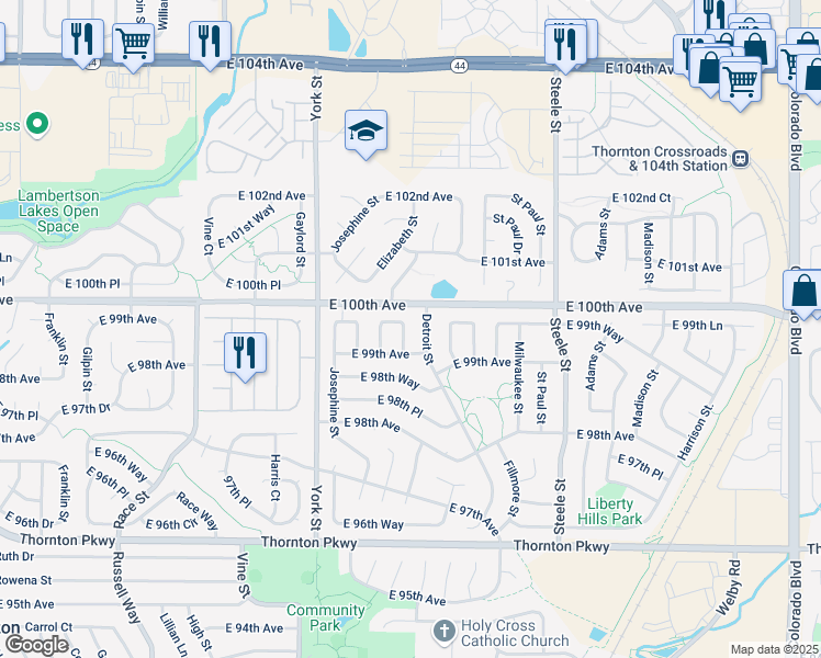 map of restaurants, bars, coffee shops, grocery stores, and more near 9999 Detroit Street in Thornton