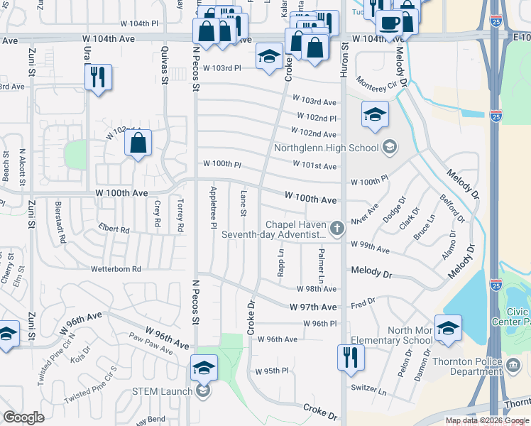 map of restaurants, bars, coffee shops, grocery stores, and more near 9960 Croke Drive in Northglenn