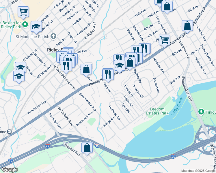 map of restaurants, bars, coffee shops, grocery stores, and more near 16 Acres Drive in Ridley Park