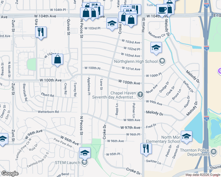 map of restaurants, bars, coffee shops, grocery stores, and more near 9960 Croke Drive in Northglenn