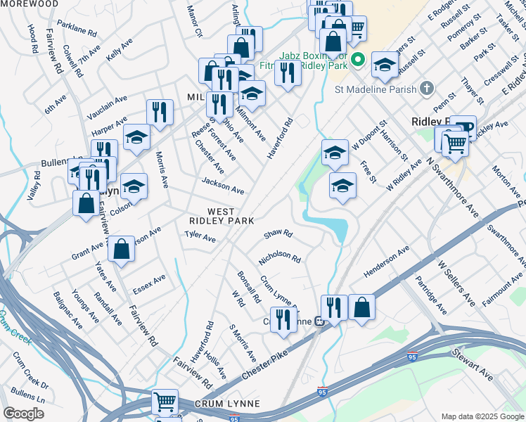 map of restaurants, bars, coffee shops, grocery stores, and more near 427 Hillside Road in Ridley Park