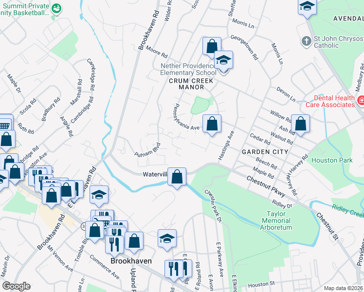 map of restaurants, bars, coffee shops, grocery stores, and more near 376 Saybrook Lane in Nether Providence Township