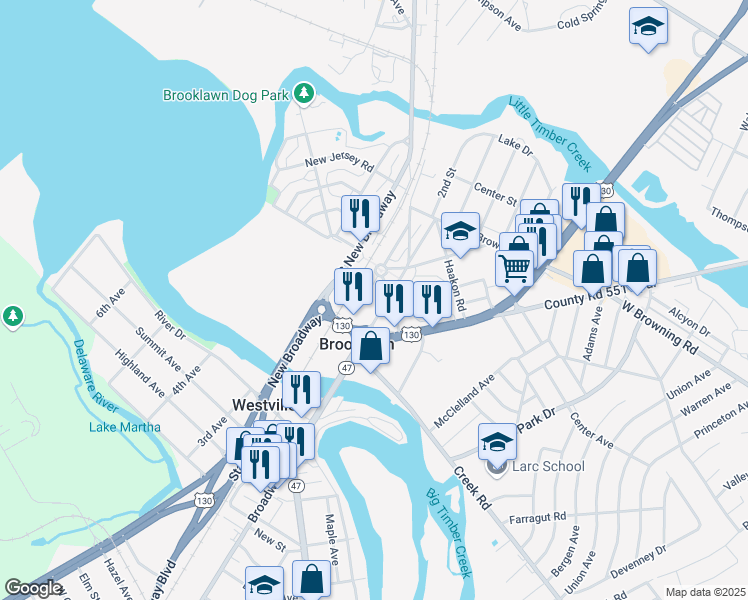 map of restaurants, bars, coffee shops, grocery stores, and more near 121 South Wilson Avenue in Brooklawn