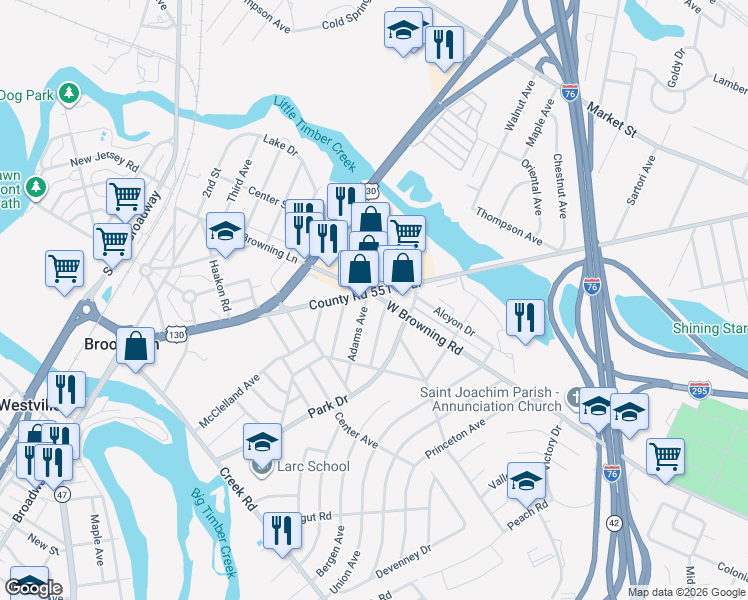 map of restaurants, bars, coffee shops, grocery stores, and more near 785 Browning Lane in Brooklawn
