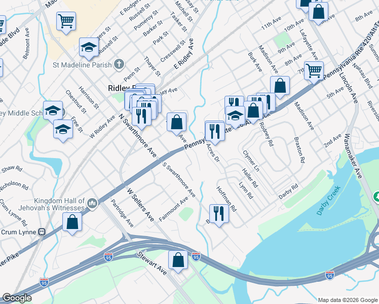 map of restaurants, bars, coffee shops, grocery stores, and more near 1 Stoneybrook Lane in Ridley Park